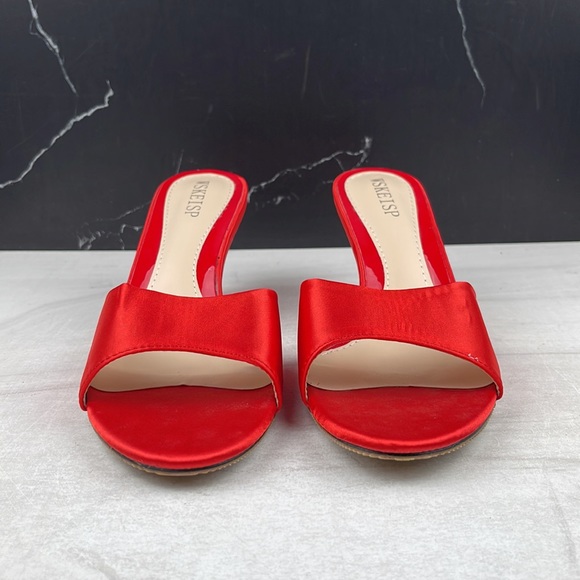 WSKEISP Women’s Peep Toe Slip On Mule Sandal Red Satin sz 10 - Picture 2 of 11